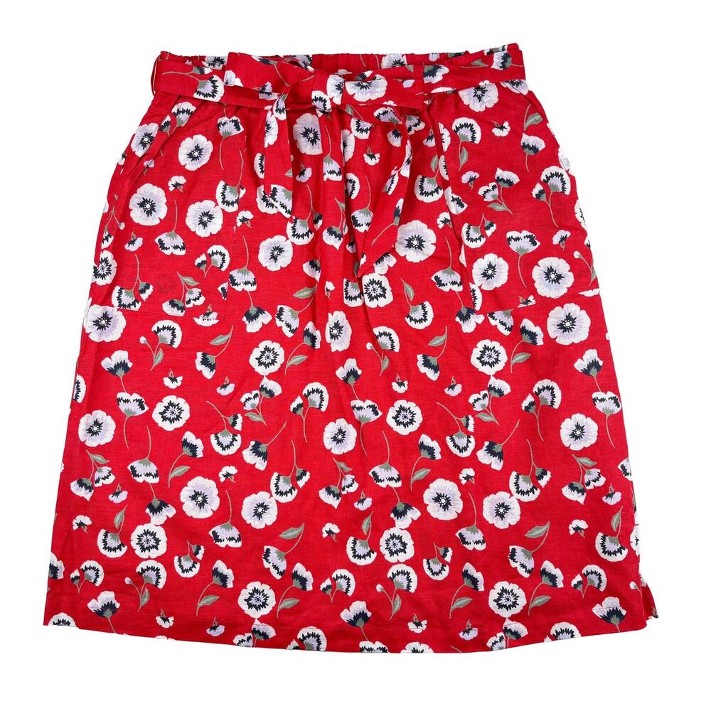 J Crew Linen Floral Skirt Sz M NWT Red Tie Waist Classic Casual Spring Summer